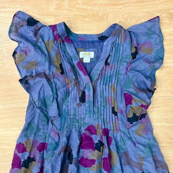 Maeve Anthropologie Silk Cotton Dress XSP Pintuck Floral Flutter Sleeve - Picture 2 of 9